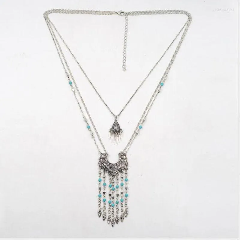 Pendant Necklaces Bohemia Synthetic Stone Alloy Arrow Tassel Multi Ethnic Metal Layer Chain Chokers FashionJewelry Colliers