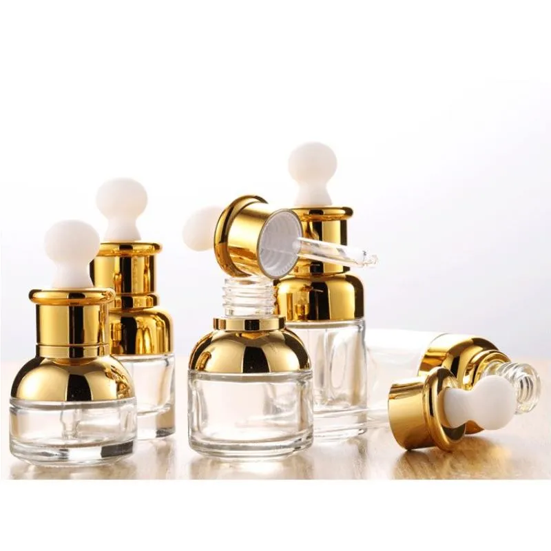 Gold Glass Droper Bottle 20 30 ML Luxury Serum -flaskor med Shinny Cap för WRFSE med eterisk olja