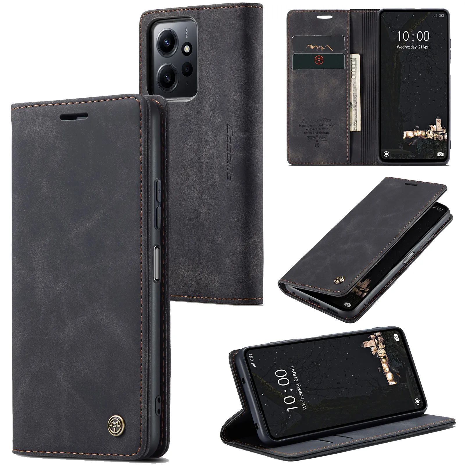 Caseme Retro Leather Matte Flip Stand Wallet Falls för Xiaomi Redmi Obs 12 4G Note12 Pro Note11s 10S 9S Redmi12C stockproof Vintage Card Slots Holer Telefonskydd