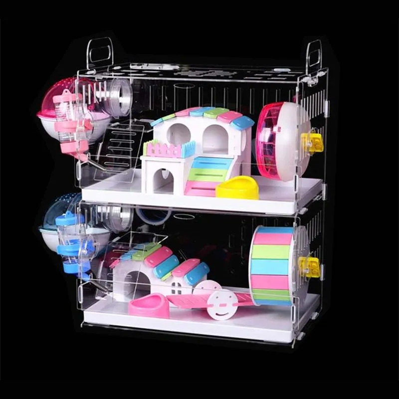 Cages Transparent acrylique Hamster maison petite Cage pour animaux de compagnie surdimensionné Villa cochon d'inde Cage de base jouet fournitures paquet nid avec le tuyau