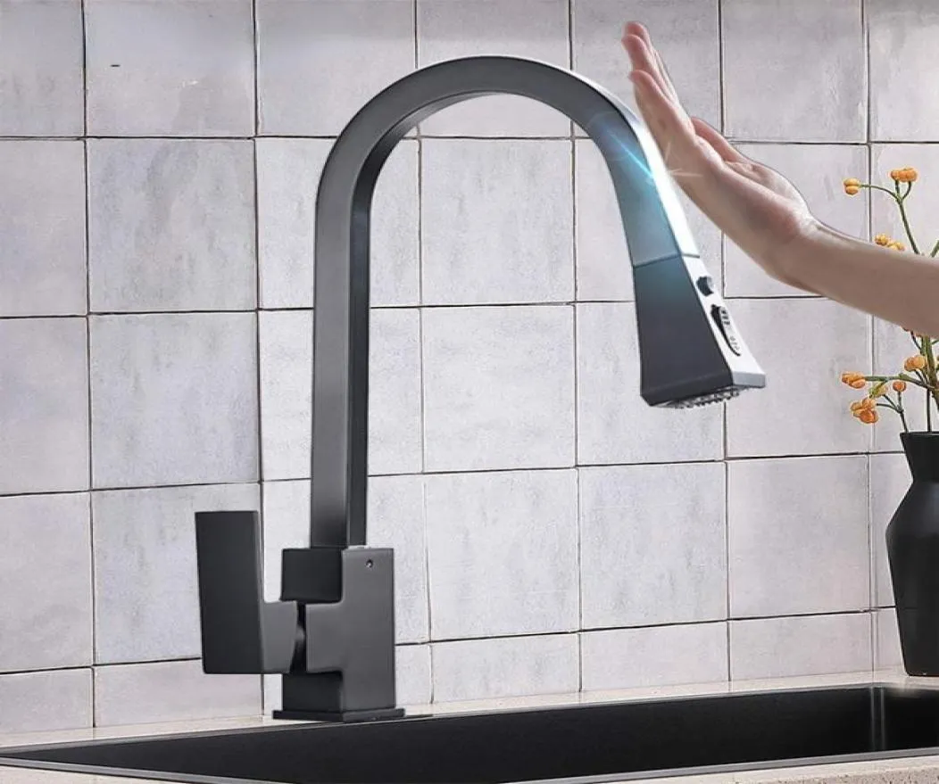 Rubinetti da cucina con sensore estraibile nero opaco Rubinetto misto a induzione intelligente in acciaio inossidabile Ruota Rubinetto per lavello Touch Control Torneira1174211