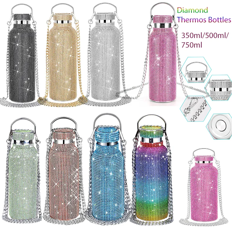 Waterflessen Bling Diamond Thermos Draagbare Glitter Fles Crossbody Rvs Thermische Kolf 350 ml 500 ml 750 ml FY