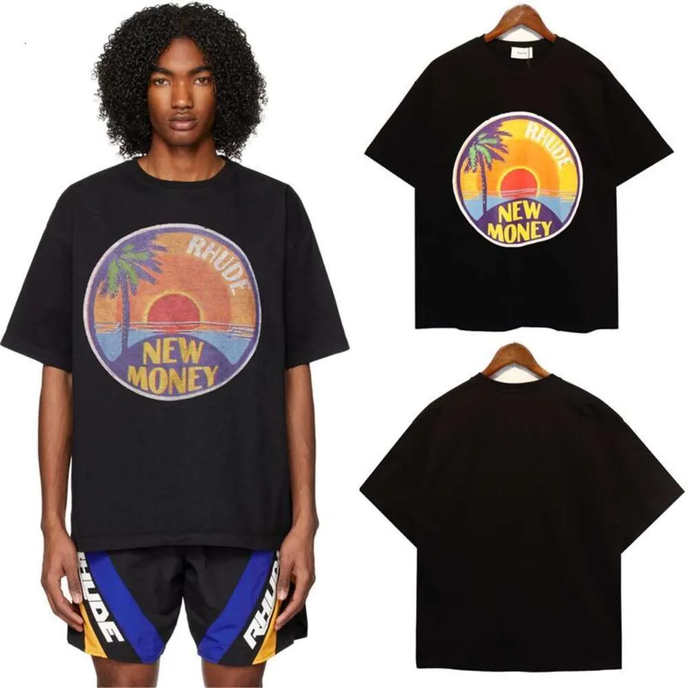 Vêtements de mode de créateurs T-shirts pour hommes Tshirt Rhude 23ss Été Nouveau coucher de soleil surdimensionné Lettre de cocotier Imprimer Couple de femmes à manches courtes T-shirt