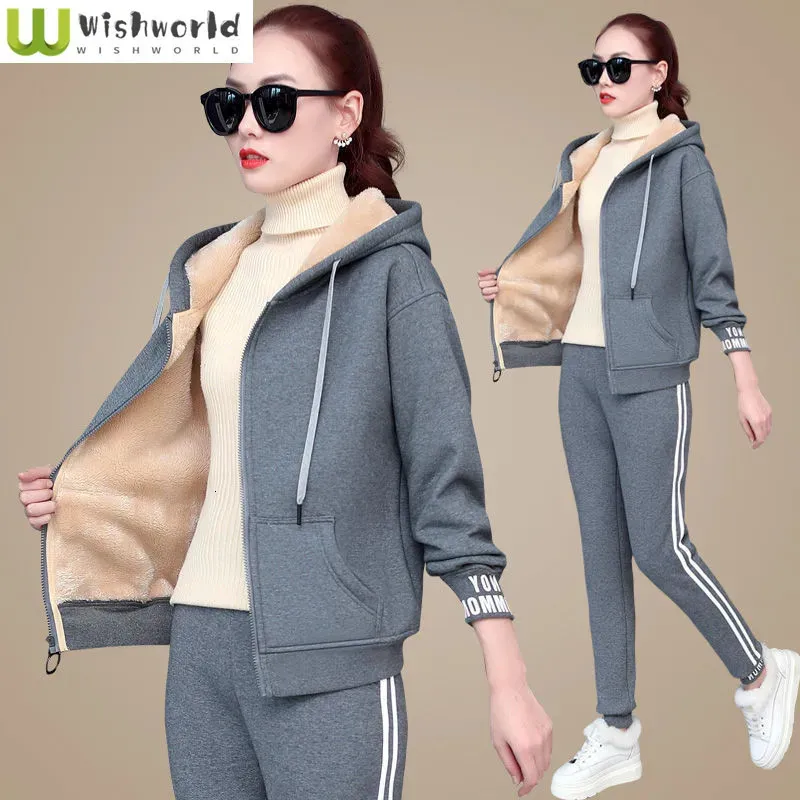 Kvinnors jackor mörkgrå vinter plysch förtjockad lamm fleece hoodie jacka casual wide ben bants two piece elegant träning 231127