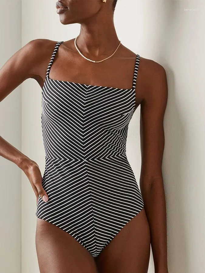 Women's Swimwear One Piece Stripe Print Bikini Black Sexy Sling Swimsuit Summer Simple Beachwear Cover Up Vintage Biquini
