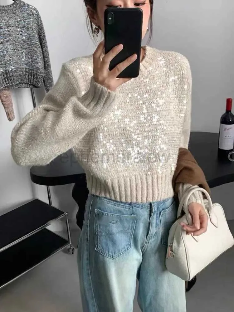 Women's Sweaters Sparkling Knitted Sweater Women Elegant O Neck Long Sleeve Sequin Sweater Autumn Winter Chic Lady Loose Solid Pullover zln231127