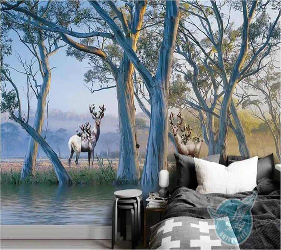 Wallpapers Papel De Parede European Forest Big Tree Elk Oil Painting 3d Wallpaper Living Room TV Wall Bedroom Papers Home Decor Mural