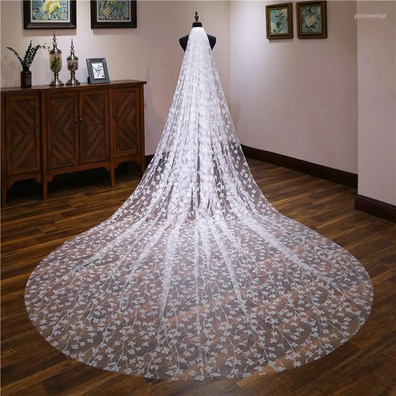 Brudslöjor L Retro Luxury Lace Champagne Veil Single Layer 3M Cathedral Tail Wedding Accessories