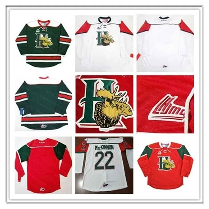 WSKT رخيصة QMJHL HALIFAX MOOSEHEADS CCM Jersey 22 Nathan Mackinnon 13 Nico Hischier 27 Jonathan Drouin Red White Green Hockey Jerseys Custom