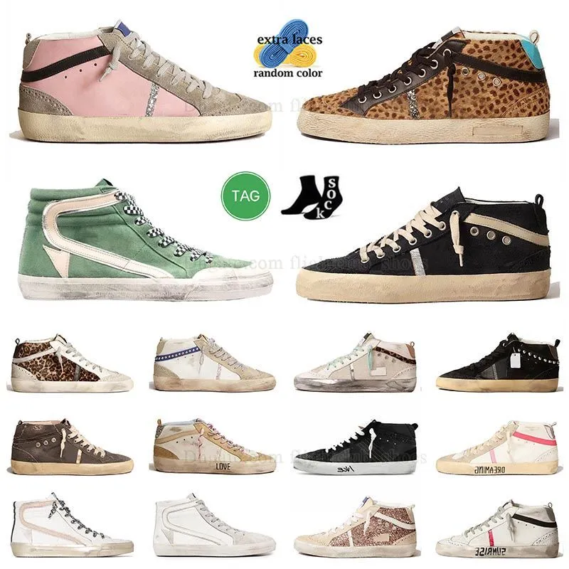 Nouvelle version Italie Marques Chaussures Golden Mid Slide Star Baskets montantes Femmes Chaussures mode rose-or paillettes Classique Léopard Blanc Do-old Dirty Designer Chaussure Femmes