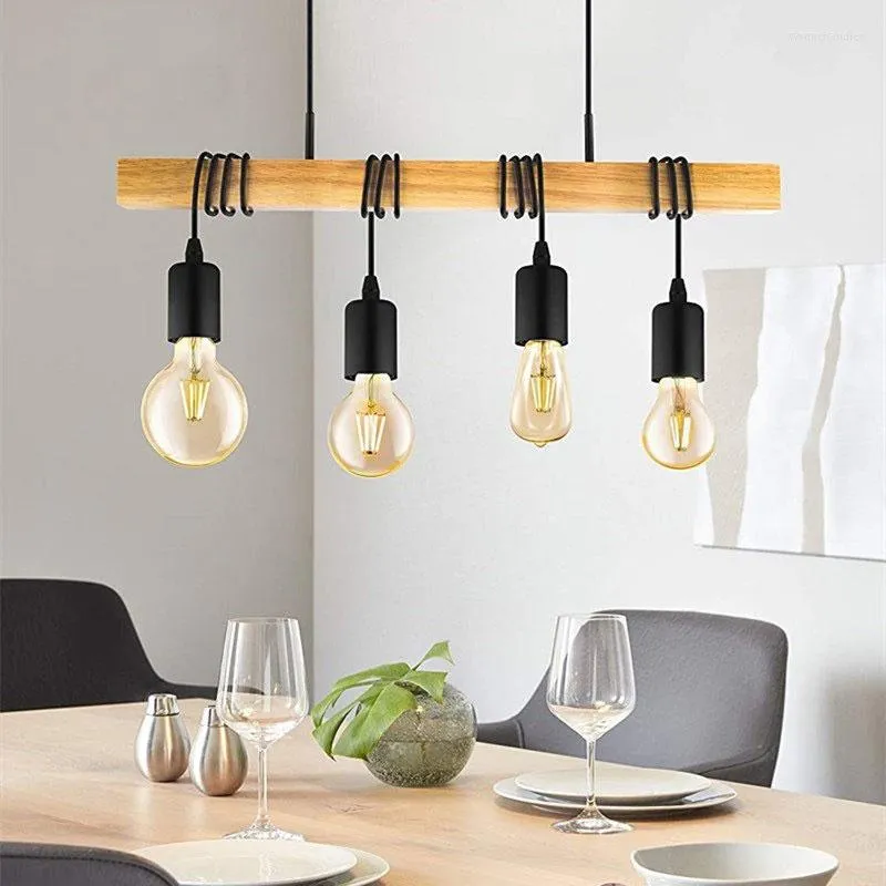 Lampes suspendues personnalité créative lustre de salle à manger en bois simple allée de cuisine nordique 4 lampe noire