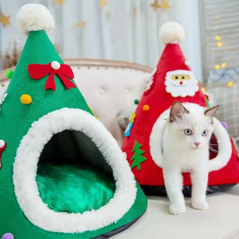 Tapetes criativos árvore de natal macio gato cesta gatinho casa ornamentos bowknot veludo cama do cão com travesseiro caverna pet sono profundo ano novo