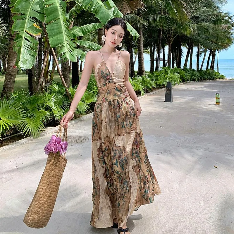 Casual Dresses Summer Women Suspender Dress Ladies Beach Southeast Asian Fairy Off Shoulders A-line Ankle-length Sexy Folds Sling Long