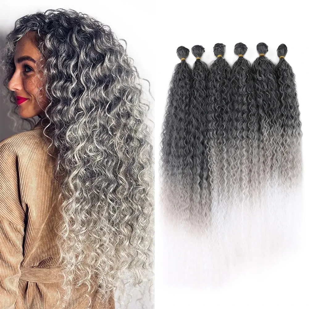 Silver Grey Kinky Curly Human Hair Weaving Ombre Black To Grey