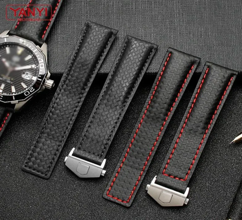 Genuine leather bracelet Carbonfiber grain Watchband 18mm 20mm Red Orange  stitching watch band 21mm 22mm 23mm