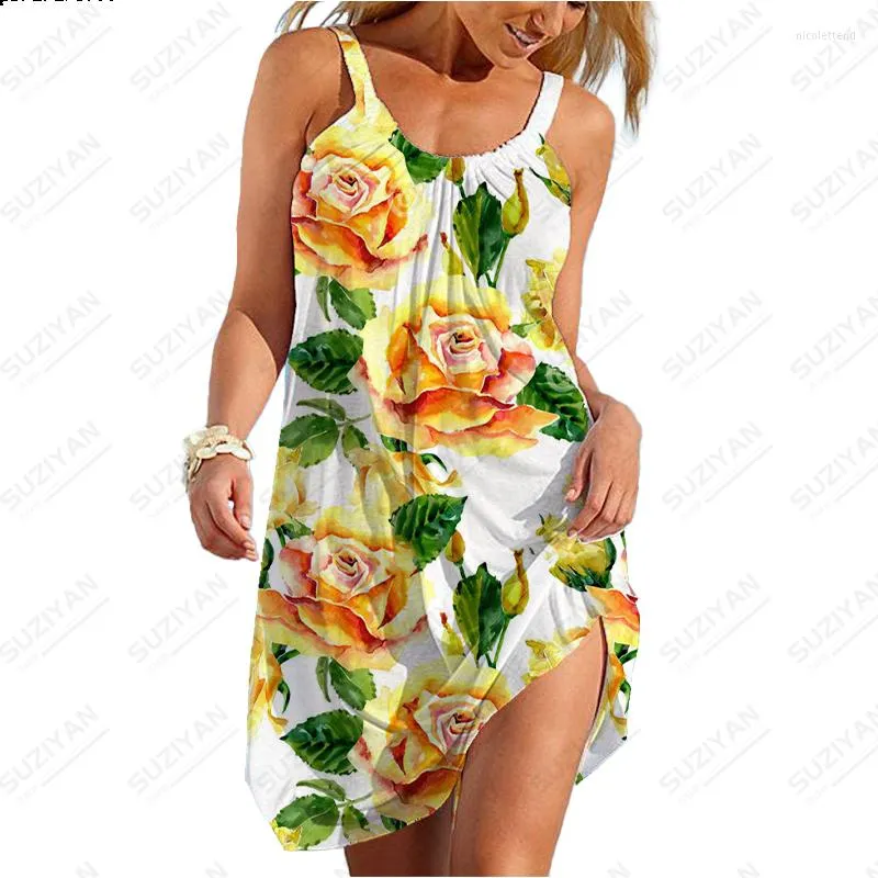 Freizeitkleider Modische Sommerfrauen im hawaiianischen Stil Bunte Blume 3D-gedruckter Strandrock mit Riemen Kurzarm A-Linie