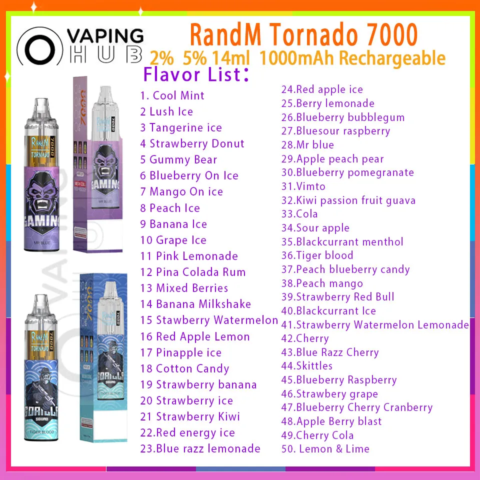 Original RandM Tornado 7000 Puff jetable Vape Pen 14ml Pod prérempli 1000mAh Batterie Mesh Coil rechargeable 2% 5% Puffs 7k 50 Saveurs E Cigarette
