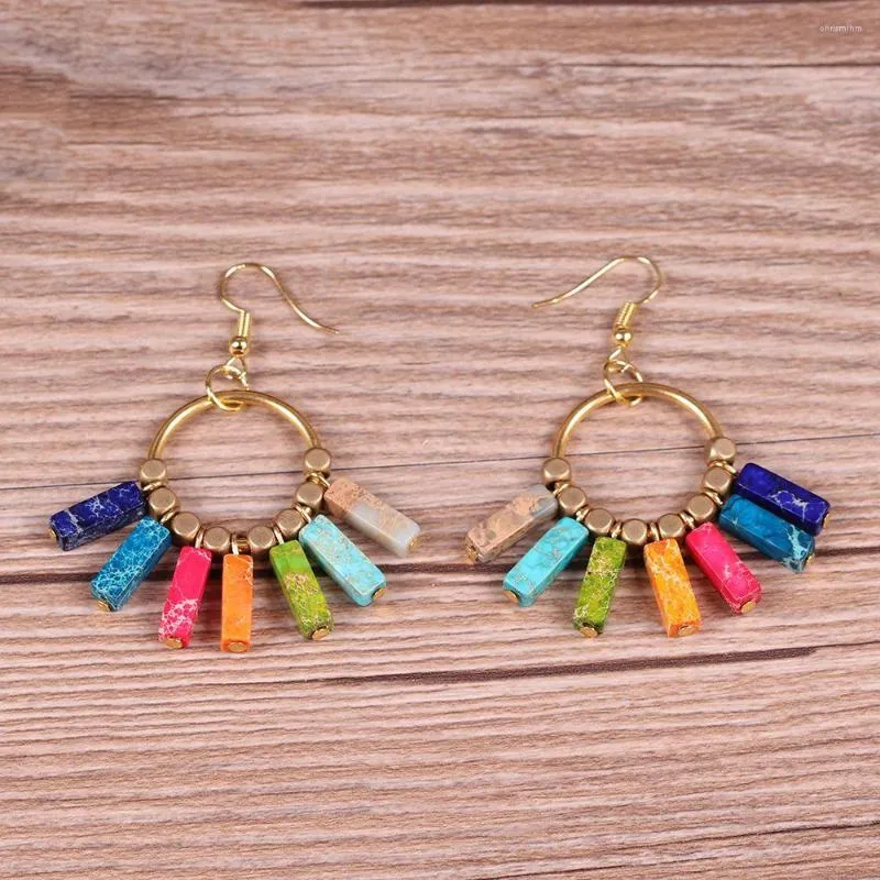 Pendientes colgantes bohemios para mujer, piedras naturales hechas a mano, chakras coloridos, cuentas de Color dorado, regalos