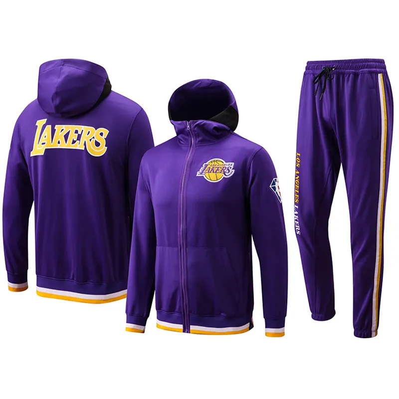 Herrtröjor tröjor män nya utomhus gym sportbyxor långärmad dragkedja fleece tröja två stycken hoodies set tracksuit sportkläder lakers 3xl