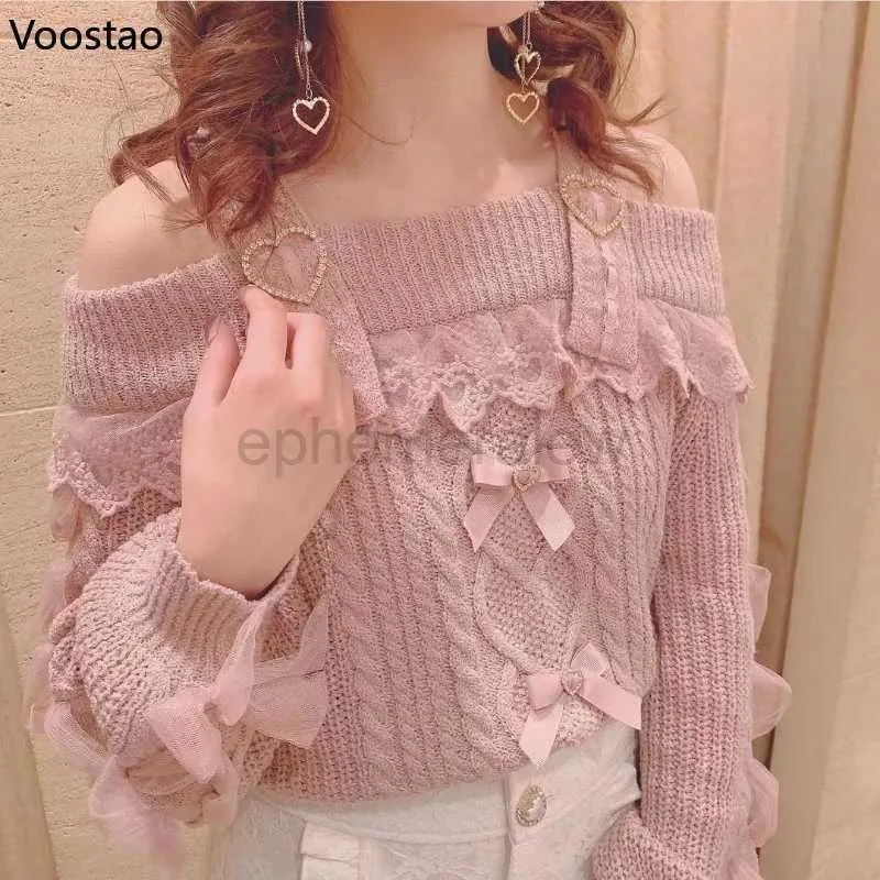 Pulls pour femmes Japonais mignon lolita style tricoté pull automne femmes doux coeurs boucle épaule dentelle arc pull filles vintage hauts zln231127