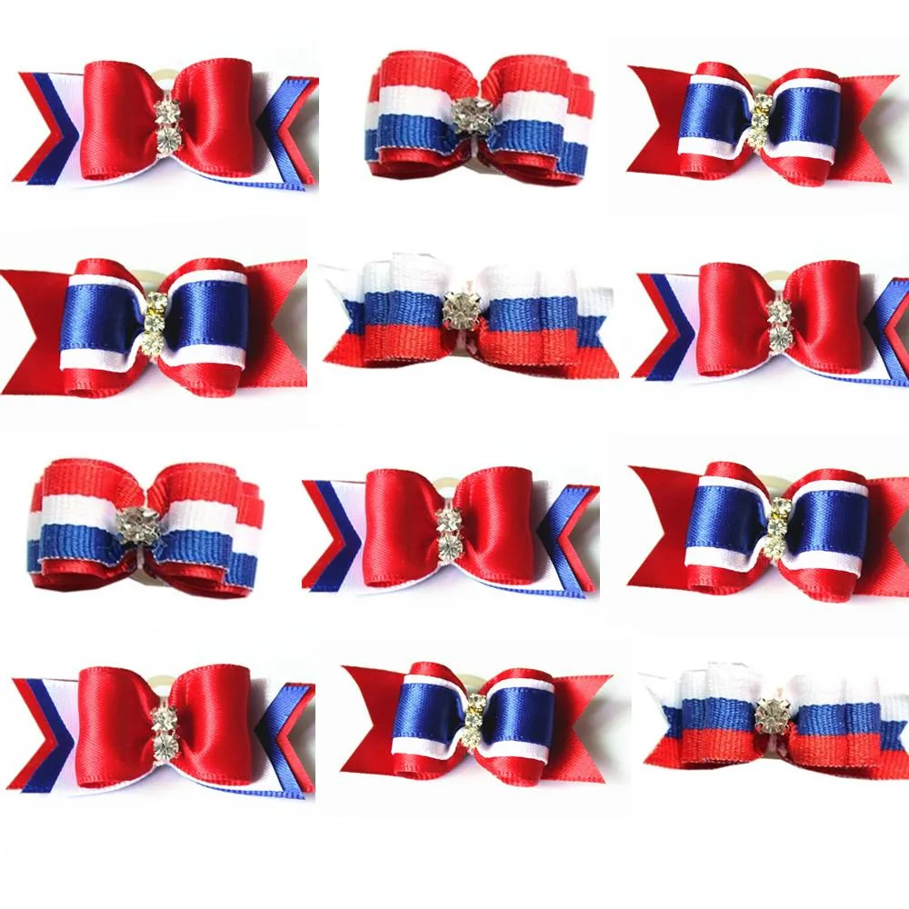 Accessories 100PC/Lot 4th of July Dog Grooming Bows Red/White/Blue Dog Hair Bows Rubber Bands Pet Accessories