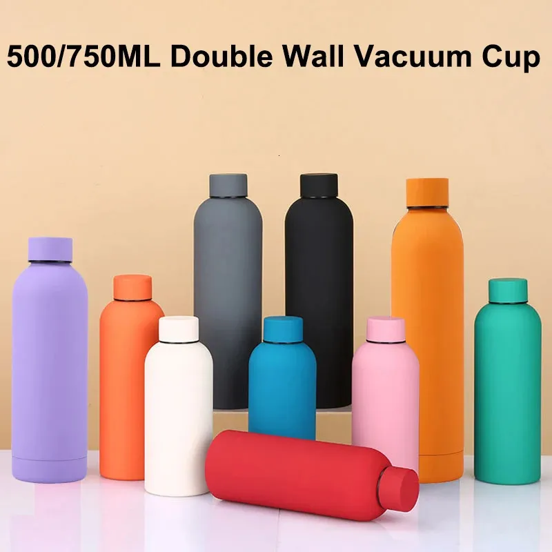 Bottiglie d'acqua 500750ML Bocca piccola Thermos Tazza Bottiglia esterna in acciaio inossidabile Vernice in gomma Bollitore sportivo doppio addensato 231124