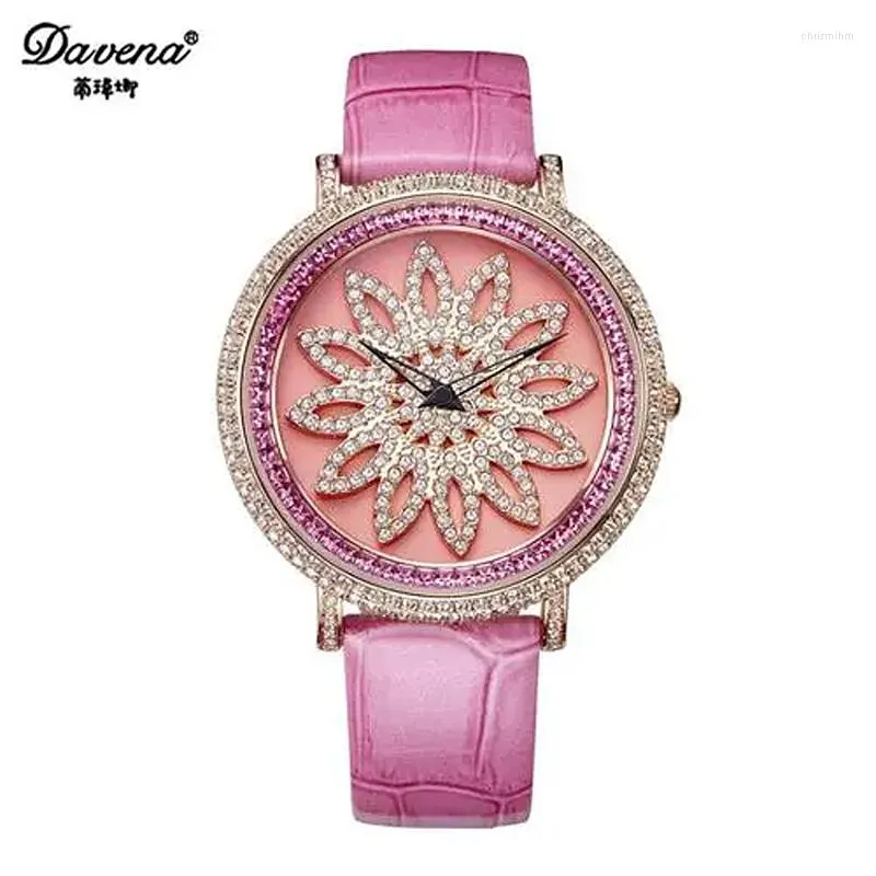 Wristwatches Luxury Davena Roate Spin Women's Watch Japan Mov't Classic Crystal Lady Hours Fine Fashion Real Leather Bracelet