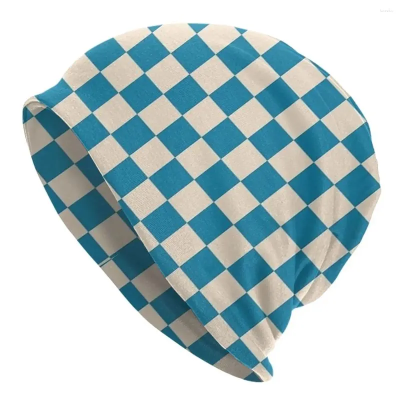 Berets Checkerboard Geométrico Checkered Azul Bonnet Hat WinterAutumn Street Skullies Beanies para Homens Mulheres Malha Primavera Cap