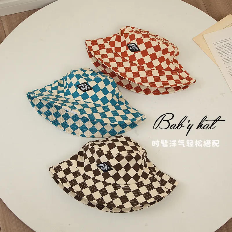 CAPS HATS 26y Kids Boy Girl Bucket Hat Wide Brim Checkerboard Beach Sun Fisherman For Toddler Summer Outdoor Seaside 230426