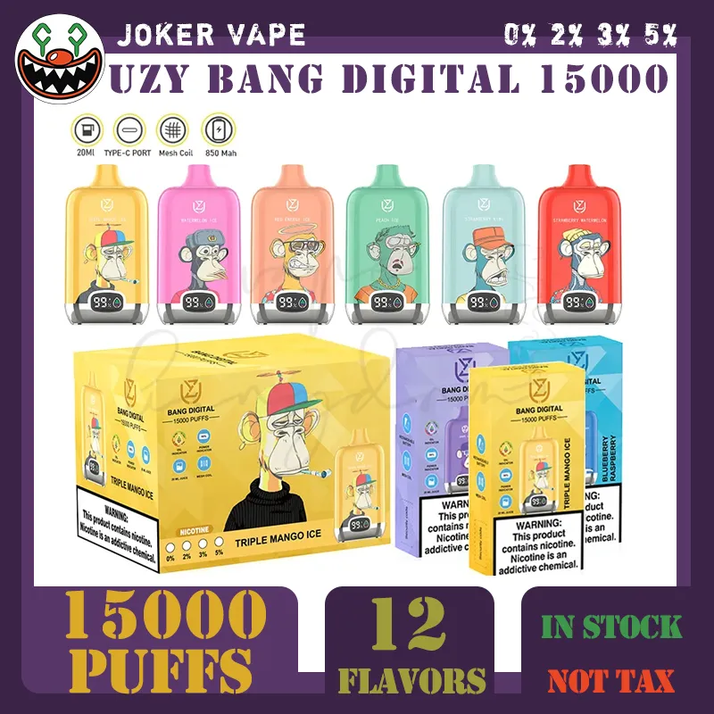 Original Uzy Bang Randm Digital 15000 Puffs engångsvapet E-cigaretter 0% 2% 3% 5% Puff 15K 23 ml Förfylld POD-mesh-spole 650mAh Uppladdningsbart batteri 10 Flaovrs i lager