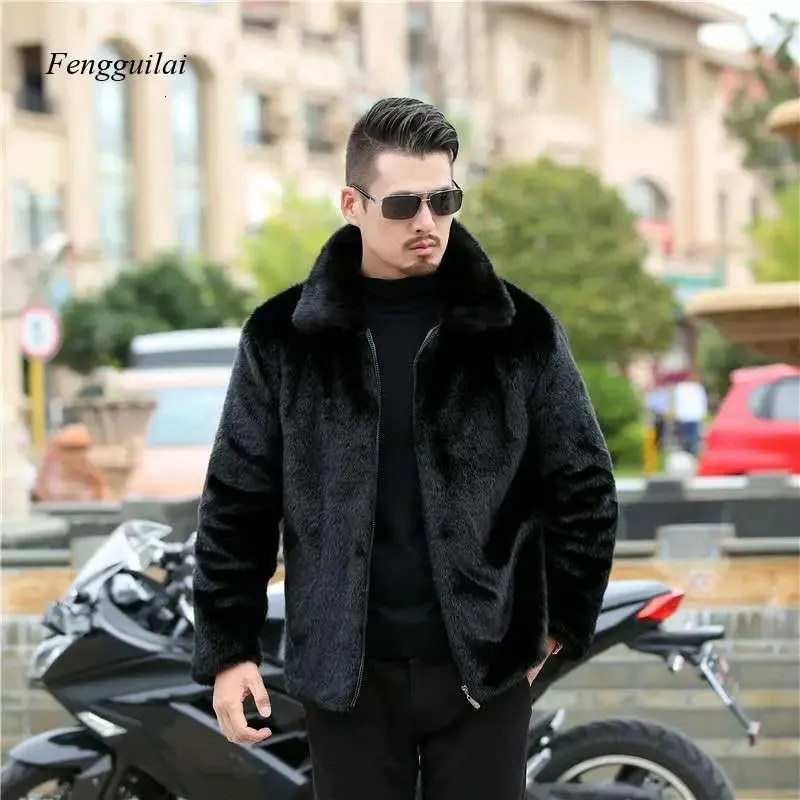 Casaco masculino de pele sintética, imitação de vison, jaqueta grossa com gola virada para baixo, sobretudo preto 231127