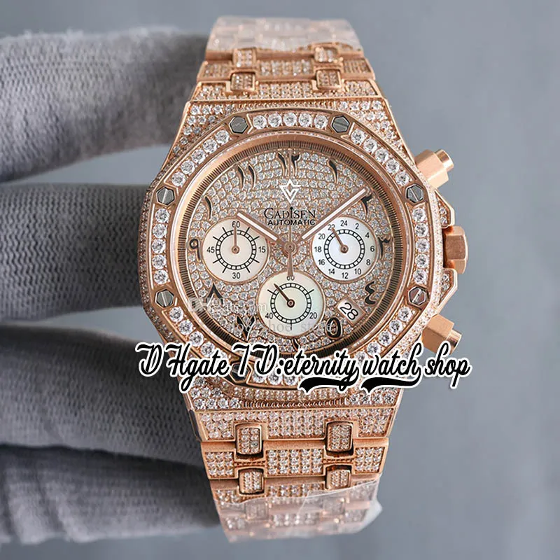 SF f26333 Japon Miyota Quartz Chronographe Mouvement Montre Homme Or Rose Entièrement Glacé Pavé Diamant Cadran Arabe Marqueurs Diamants Bracelet éternité Bijoux Montres