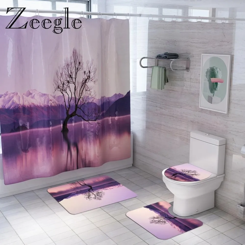Zeegle 3D Printed Natural Toilet Rug Set with Shower Curtain Microfiber Bathroom Foot Mat Non-slip Floor Rug Toilet Decor Rug