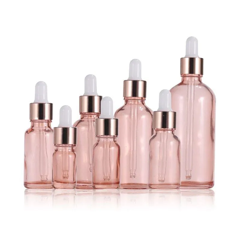 Pink Glass Droper Bottle 5-100 ml Aromaterapi Liquid Essential Parfymrör Massage Oil Pipette Refillerbara flaskor CWMSE