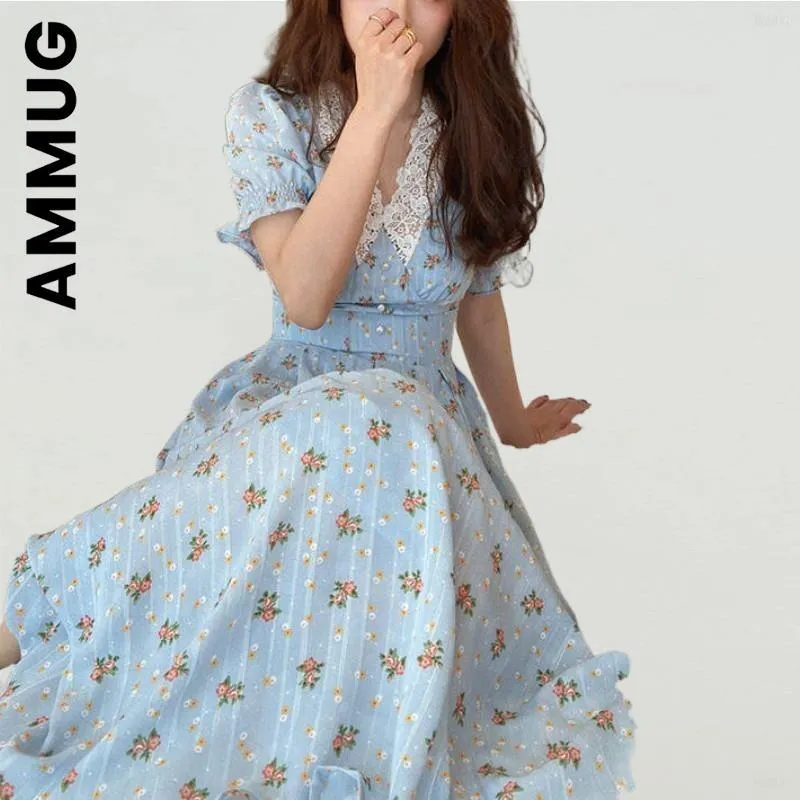 لباس Ammug Dress New Women Lace Lace Chiffon Corean Party Dress Puff Sleve v Neck Midi Dress Robe Lazy Cheap Enate Grat Woman