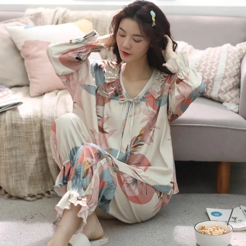 Women's Sleepwear Fdfklak Floral Pajamas Soft Pure Cotton Pijamas 2023 Autumn Home Wear M-XXL Plus Size Leisure Pjs