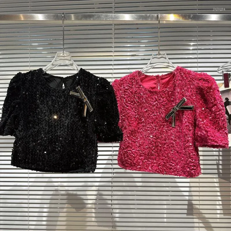 Women's T Shirts High Fashion Luxury Celebrity Pin Full Sequins Shiny Bubble Sleeve Bow Sweet T-Shirt Short Blouses 2023