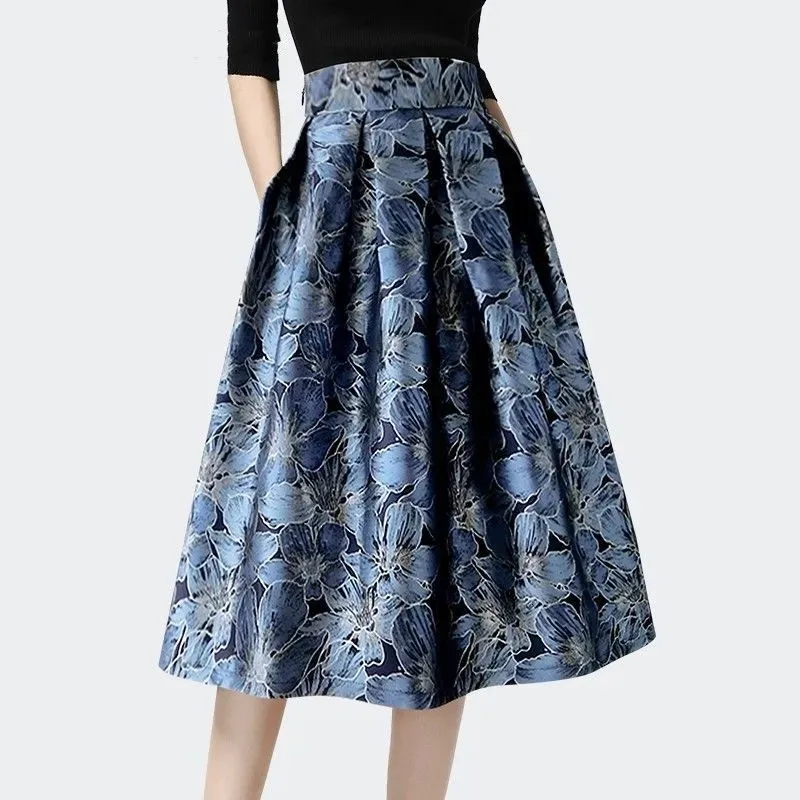 Buy Felice Women's Vintage Floral Jacquard Skirt High Waist A Line Skater  Pleated Full Midi Skirt (XL) at Amazon.in