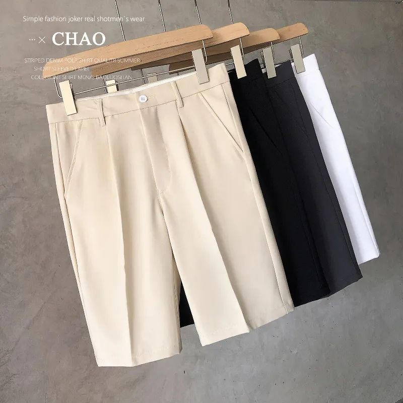 Men's Shorts Summer Loose Male Shorts Korean Solid Shorts Men Fashion Business Office Mid-rise Button Straight Casual Five Points Pants 230427