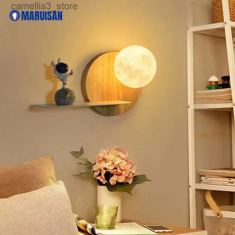 Lampes murales Lampe murale LED en bois véritable lune pour chambre d'enfant salon salle de séjour décor à la maison luminaire intérieur lumières décorer lustres lampes Q231127