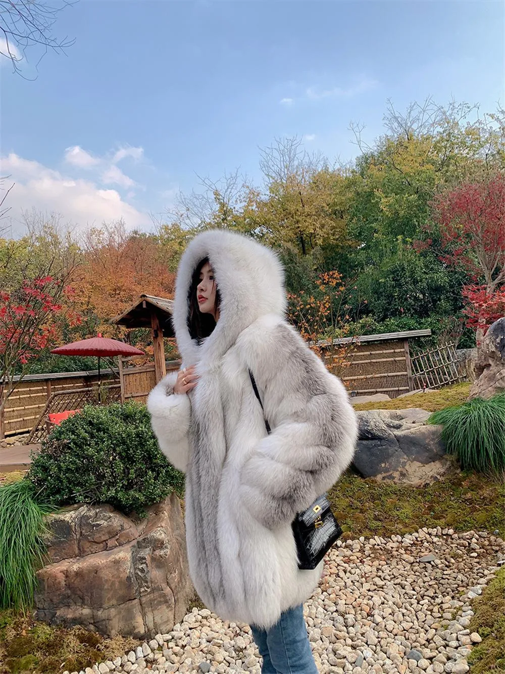 Fur Hooded Fox Fur Long Coat for Women White Real Fur Coat with Hood Plus Size Winter Jacket with Natural Fur Female