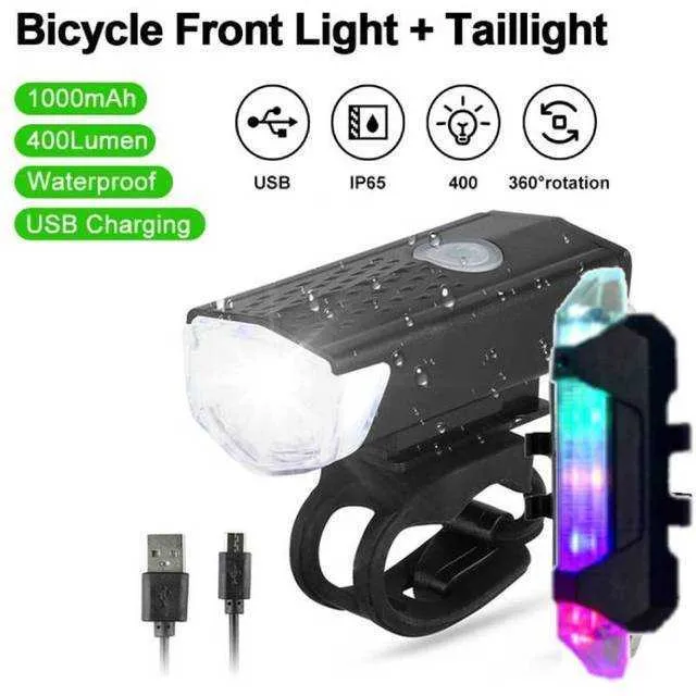 Luzes de bicicleta Luz de bicicleta USB recarregável Conjunto de montanha lâmpada de farol lanterna LED de lanterna de bicicleta Acessórios de bicicleta P230427