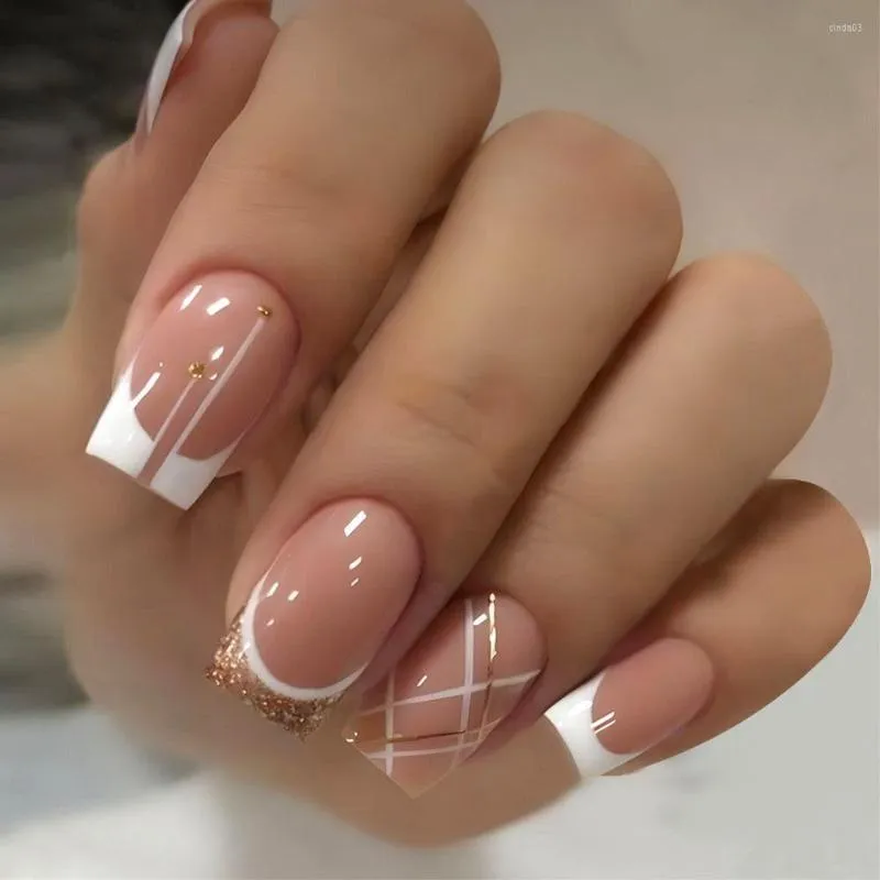 24pcs Short Square False Nails French Style With White Edge, Gold Flakes  And Rhinestones, Nail Art Set For Daily Wear