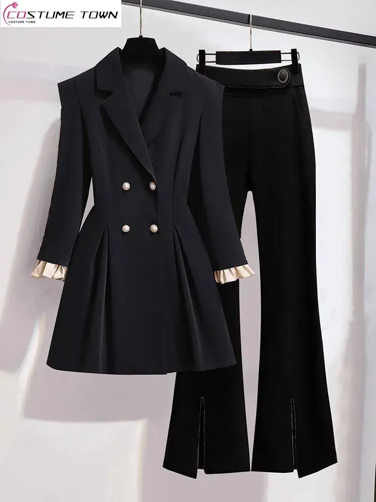 Vestes pour femmes costume de mode coréenne 2023 printemps et automne haut Micro pantalon évasé élégant ensemble deux pièces 231127