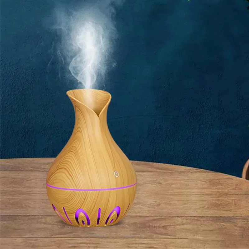 Luftfuktare elektriska luftfuktare 130 ml mini träkorn aroma diffusor eterisk olja aromaterapi cool dimma med LED för hem 230427