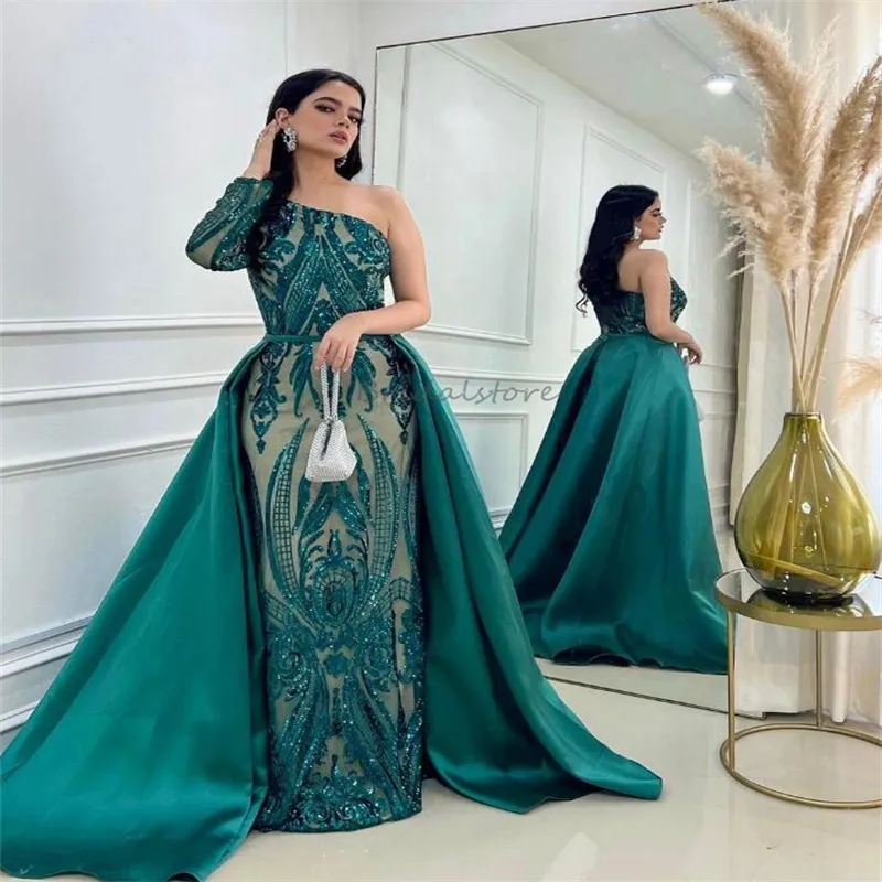 Söndürülebilir tren ile Arap Emerald Gece Elbise Marocain du Caftan Bir omuz uzun kollu payet balo elbisesi resmi doğum günü önlükleri parlatıcı 2024 PROMDRESS OGSTUFF