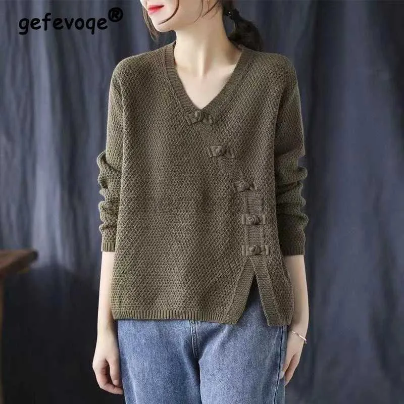 Women's Sweaters Autumn Winter Literary Vintage Buttons V-neck Sweater Ladies Loose Casual Knitting Pullover Top Women All-match Jumper Outwear zln231127