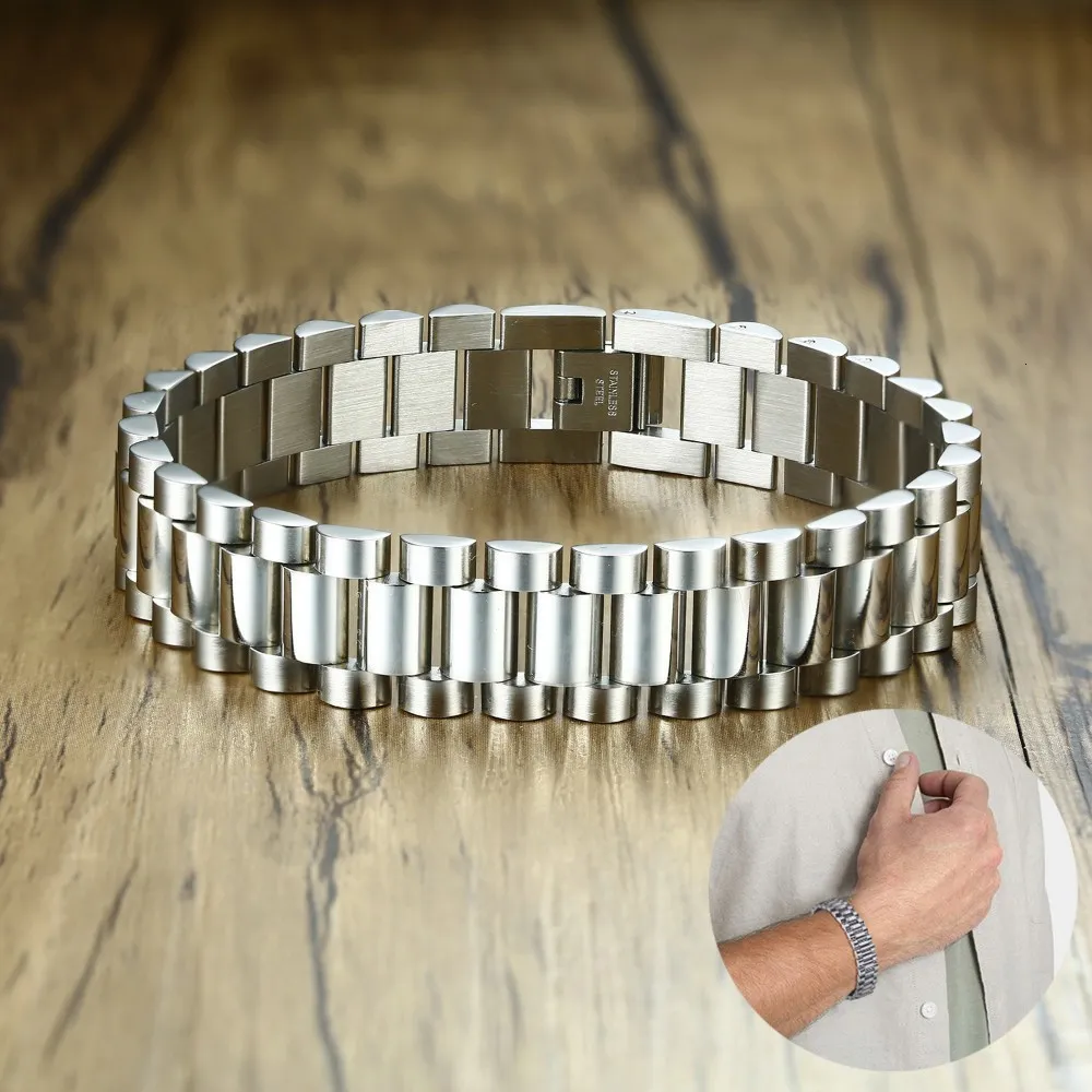 Charm Bracelets ZORCVENS 15MM Wide Gold Silver Color Stainless Steel Watch Band Bracelet for Men Watchlink Bracelets Jewelry 230426