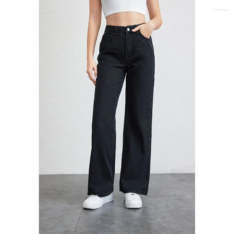 Calças de brim femininas cintura alta perna reta premium vintage preto streetwear solto calças jeans largas senhora moda calças largas