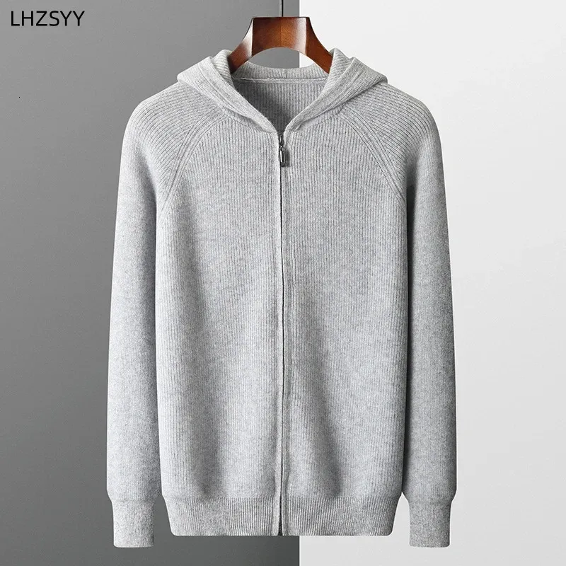 Suéteres para hombres LHZSYY Cárdigan con capucha de cachemira pura Otoño Invierno Chaqueta de punto con cremallera Suéter grueso Ocio Abrigo de talla grande Camisa cálida 231124